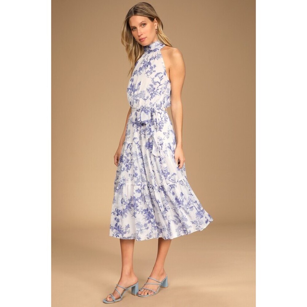 Lulus Float To You White Floral Print Halter Tiered Midi Dress - Size S